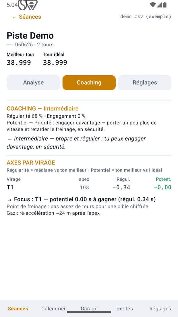 Coaching à l'écran : profil pilote & axes par virage, carte circuit GPS