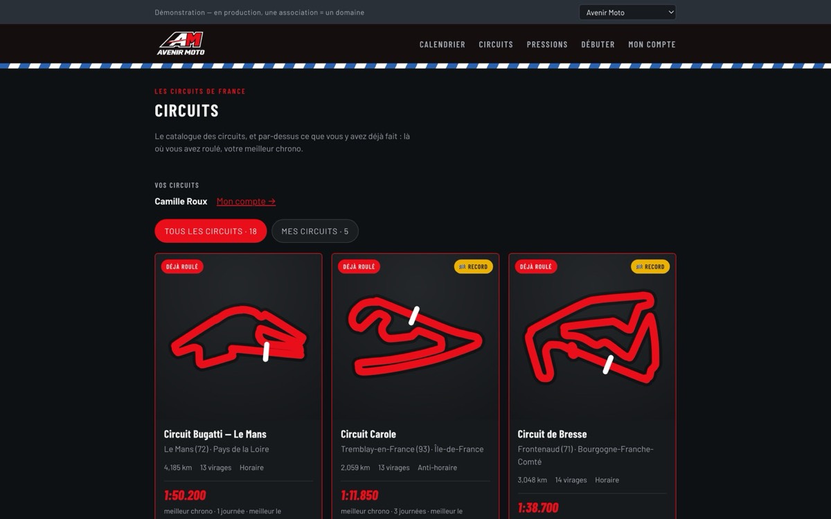 Les circuits — tracés, infos pratiques et records perso, « déjà roulé » et meilleur chrono.